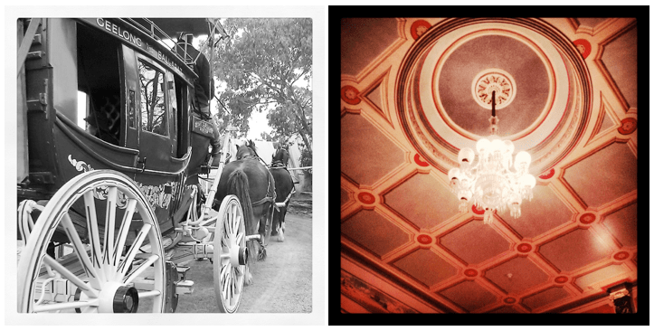 Stagecoach ride, chandelier in the old theatre.