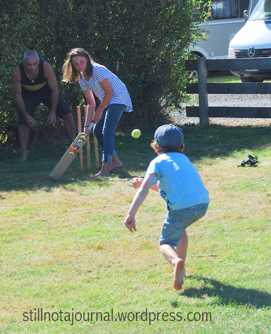 Even at the height of summer we still had loads of tent space to play in. LTW and CodeName:The Big Girl facing up to Finny's famous yorkers.