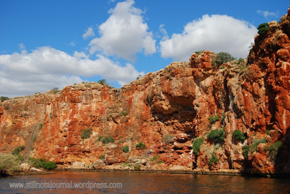 Red, white and blue. White clouds, that is, not the white quartz-looking 'seams' in the rock. That is birdshit.