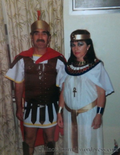 Behold: Antony and his Cleopatra. I remember Mum made Dad's armour out of cardboard covered in Con-tact, and the 'jewels' in her collar were squares of coloured paper.