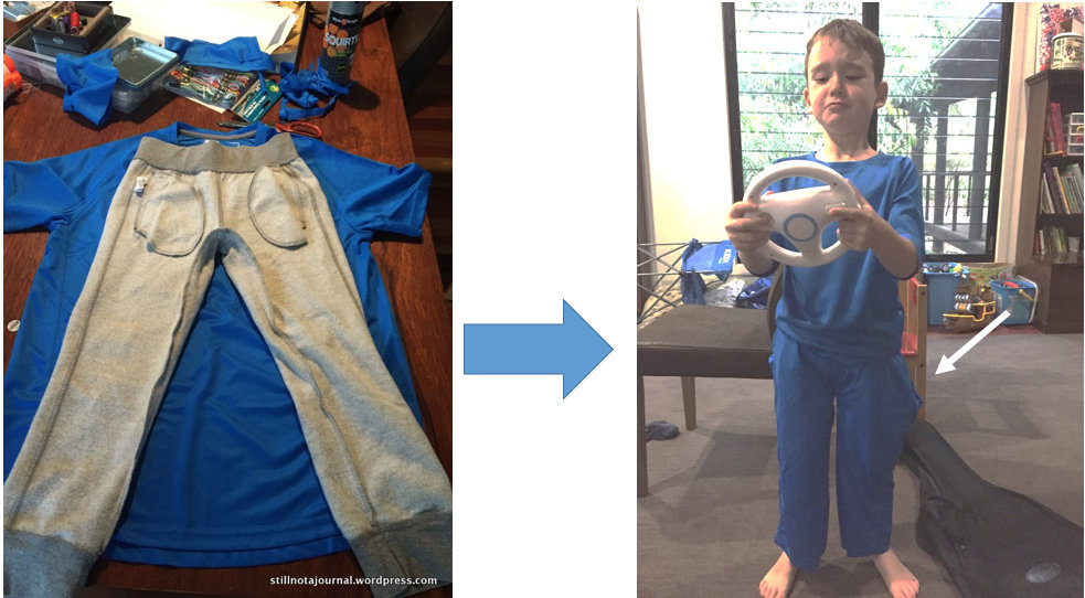 These pants are pants. But considering they started off as a shirt and I haven't used a sewing machine since Year 9, not bad. Disregard large suspicious lump in pocket area.