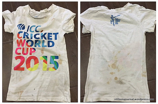 The back is particularly suspicious; those brown skiddie-like marks would be level with his bum. He could have just sat in mud, I suppose