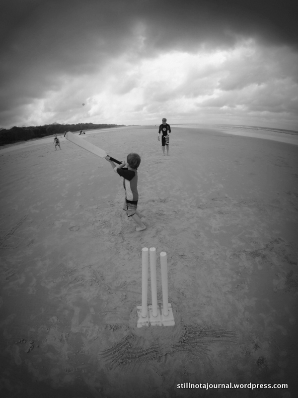 And Rory belts one of Daddy's famous yorkers; that's a four at least!!