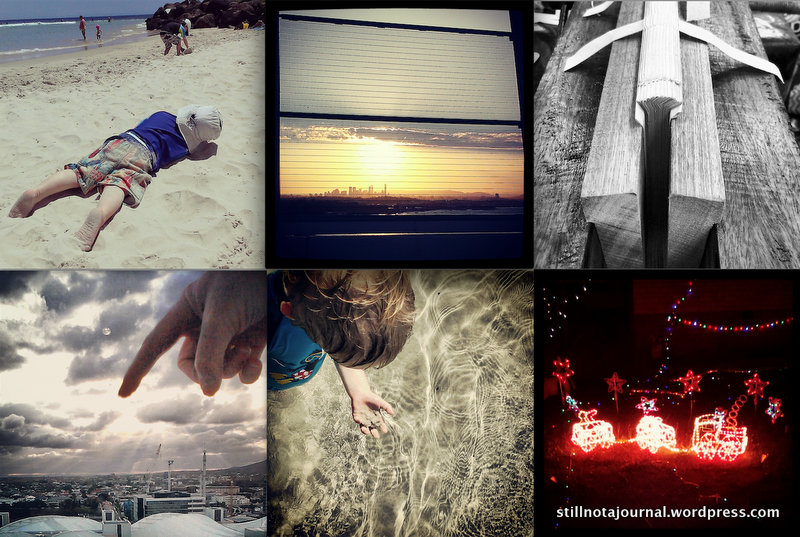 Stretched out in the warm sand, sunset over Brisbane, bookbinding, Monty Python, Brisbane South Bank beach, Christmas lights.